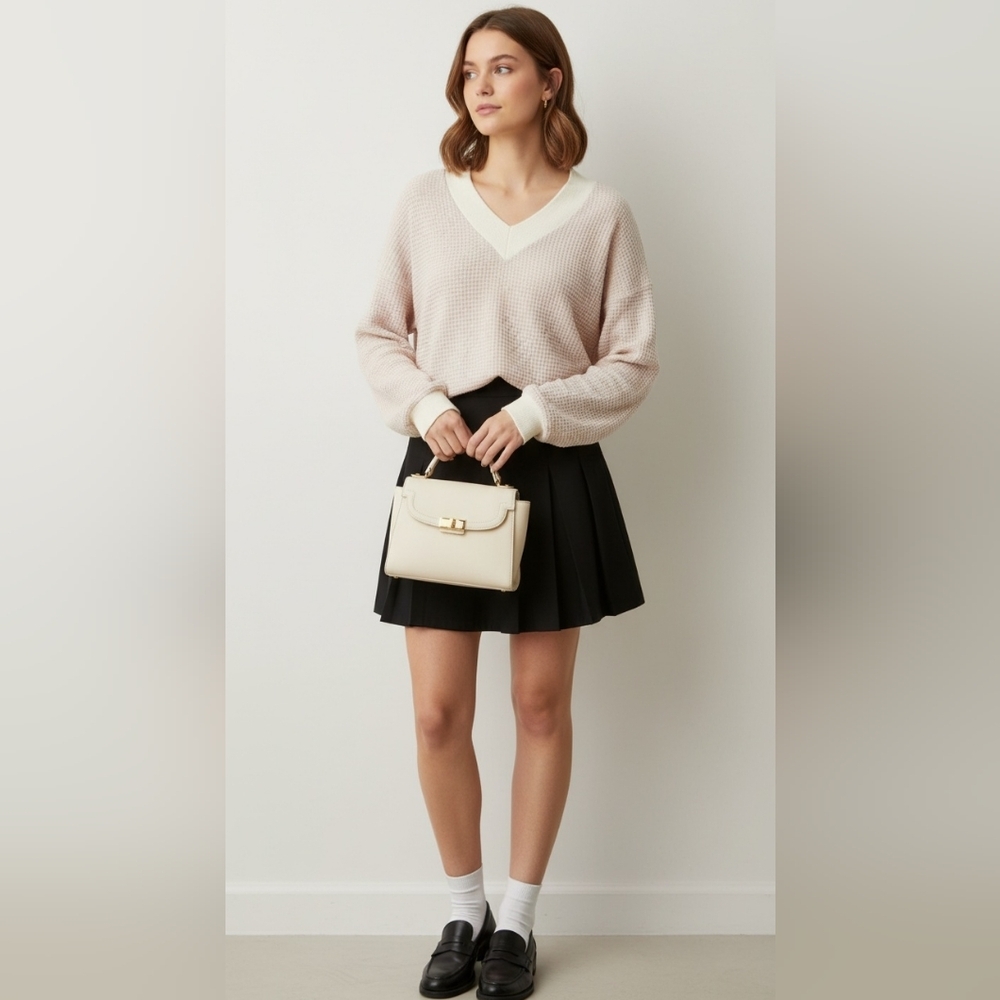Adreamly Collegiate Pink Cream Knit Wide Collar V Neck Sweater New Size Small